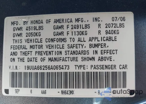 2006 Acura Tl z USA, uszkodzony, nr VIN 19UUA66256A065473